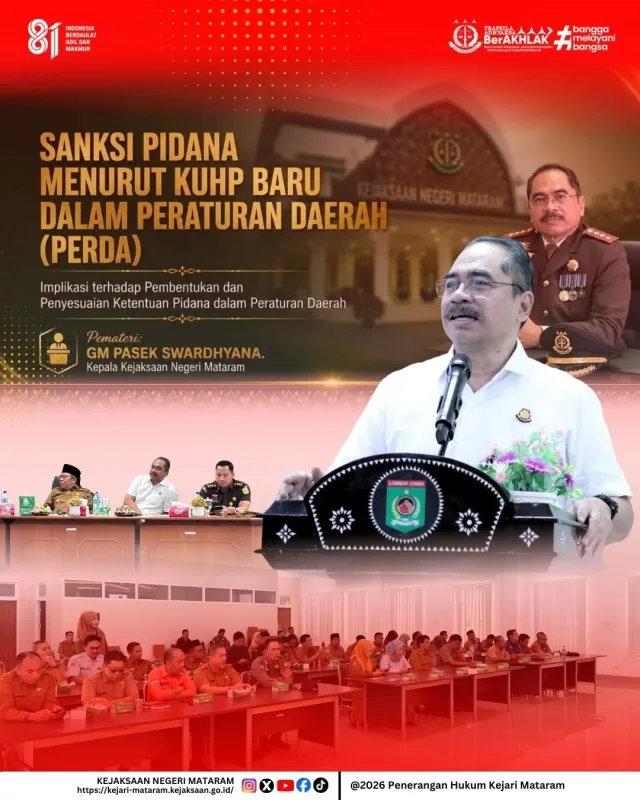 -SOSIALISASI-
Kejaksaan Negeri Mataram bersama Pemerintah Kabupaten Lombok Utara melaksanakan Sosialisasi Penerapan Penyesuaian Sanksi Pidana pada Peraturan Daerah sebagai langkah memperkuat pemahaman dan menyelaraskan regulasi daerah dengan ketentuan peraturan perundang-undangan yang berlaku.
Melalui kegiatan ini, diharapkan seluruh perangkat daerah semakin memahami urgensi harmonisasi Peraturan Daerah, sehingga tercipta kepastian hukum, tata kelola pemerintahan yang baik, serta pelayanan publik yang lebih efektif dan berkeadilan.
Kejaksaan Negeri Mataram senantiasa berkomitmen mendukung pemerintah daerah melalui pendampingan, pertimbangan hukum, dan edukasi hukum dalam mewujudkan regulasi yang berkualitas demi kepentingan masyarakat.
Bersama membangun kepastian hukum, memperkuat tata kelola pemerintahan, dan menghadirkan pelayanan publik yang lebih baik. 
